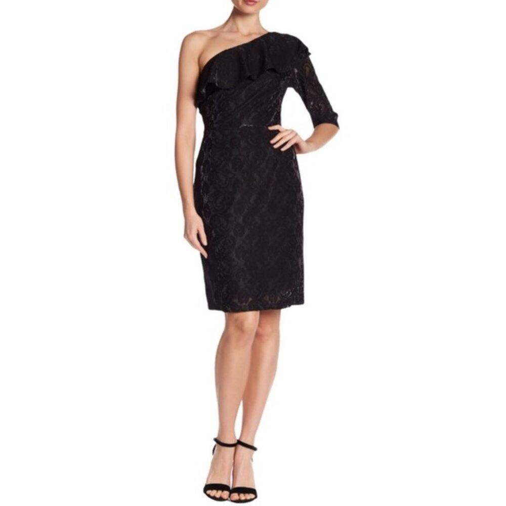 SUPERFOXX Black One Shoulder Lace Ruffle Cocktail Dress XS Party Long Sleeve NWT